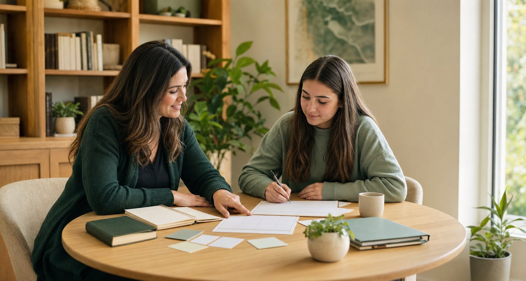 Educational consultant helping a student organize a personalized planning calendar